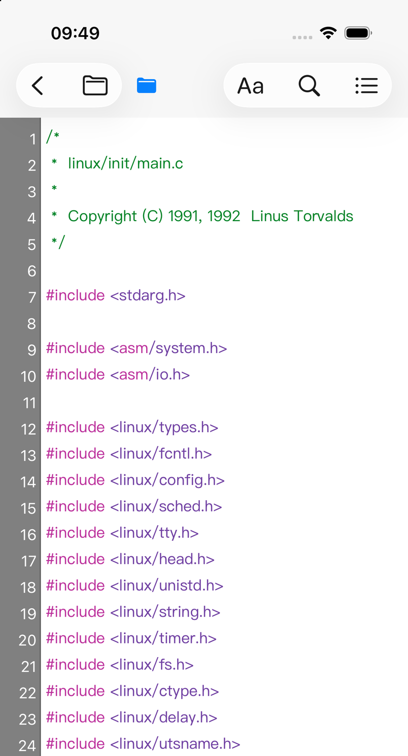 CodeInsight showing linux/init/main.c with syntax highlighting, line numbers and the code toolbar