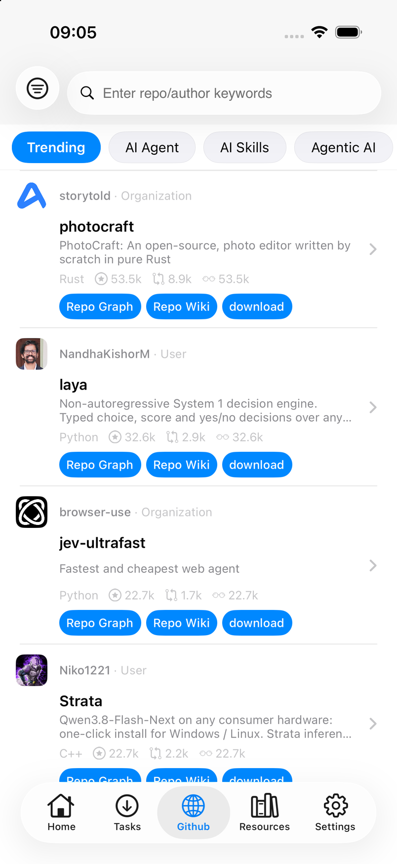 The GitHub tab showing the Trending feed with repository cards, stars and download buttons
