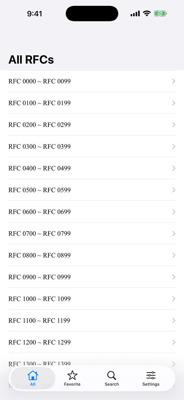 The All RFCs list, grouped in ranges of a hundred