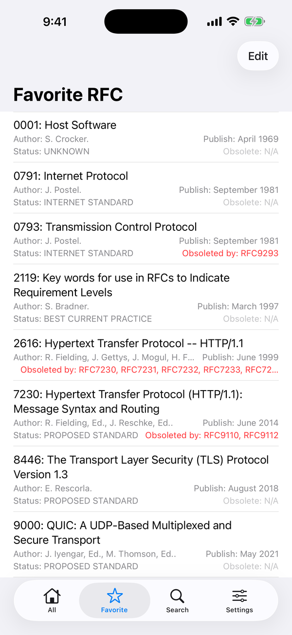The Favourites list, with status and superseding documents shown under each entry