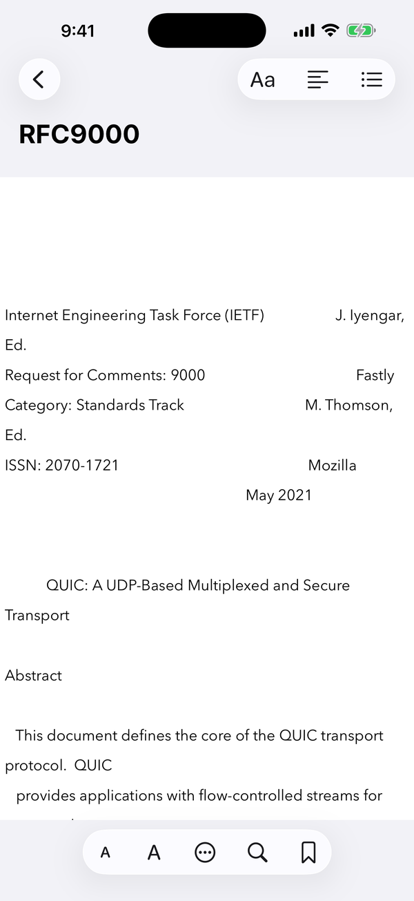 RFC Reader text mode showing RFC 9000, reflowed to the selected font size