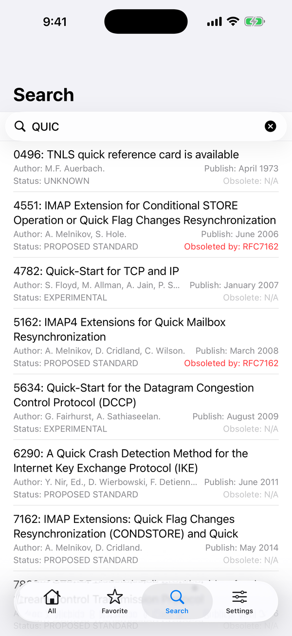 Search results for the keyword QUIC across the full RFC index
