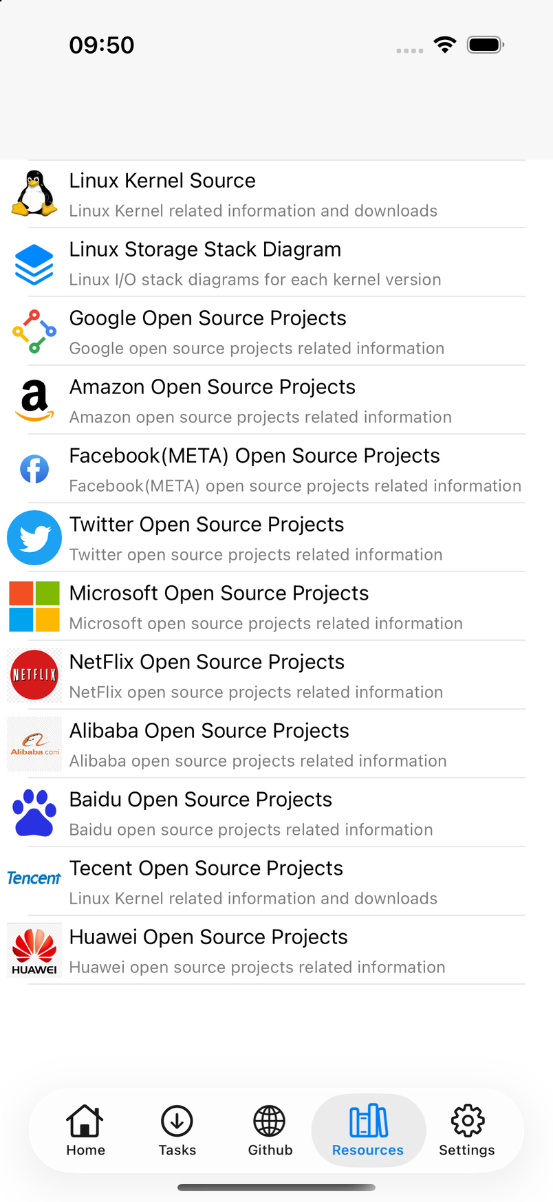 Resources tab listing Linux kernel source, Linux storage stack diagrams and vendor open-source projects