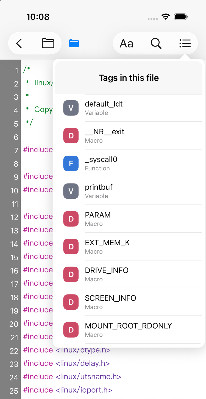 The Tags in this file list in CodeInsight, showing variables, macros and functions with coloured kind badges