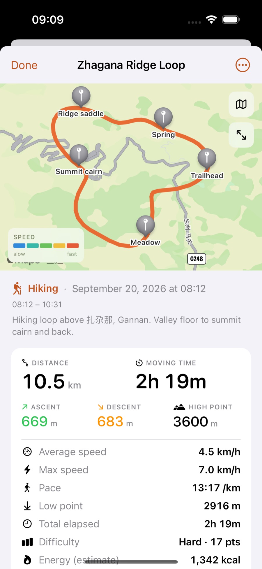 TuTrail saved track detail with distance, moving time, ascent, descent, pace and an energy estimate