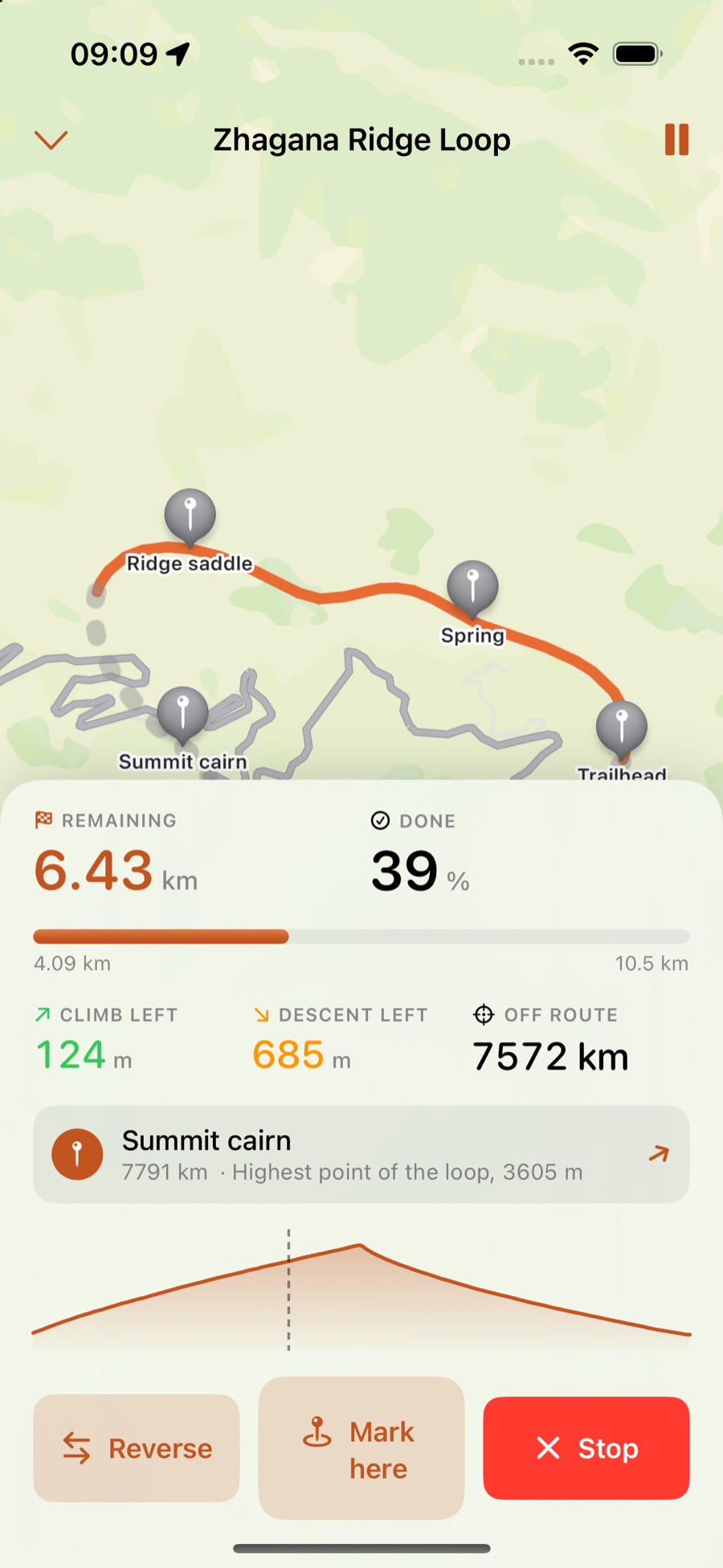 TuTrail route-following screen with a route line, off-route warning, remaining distance and elevation profile