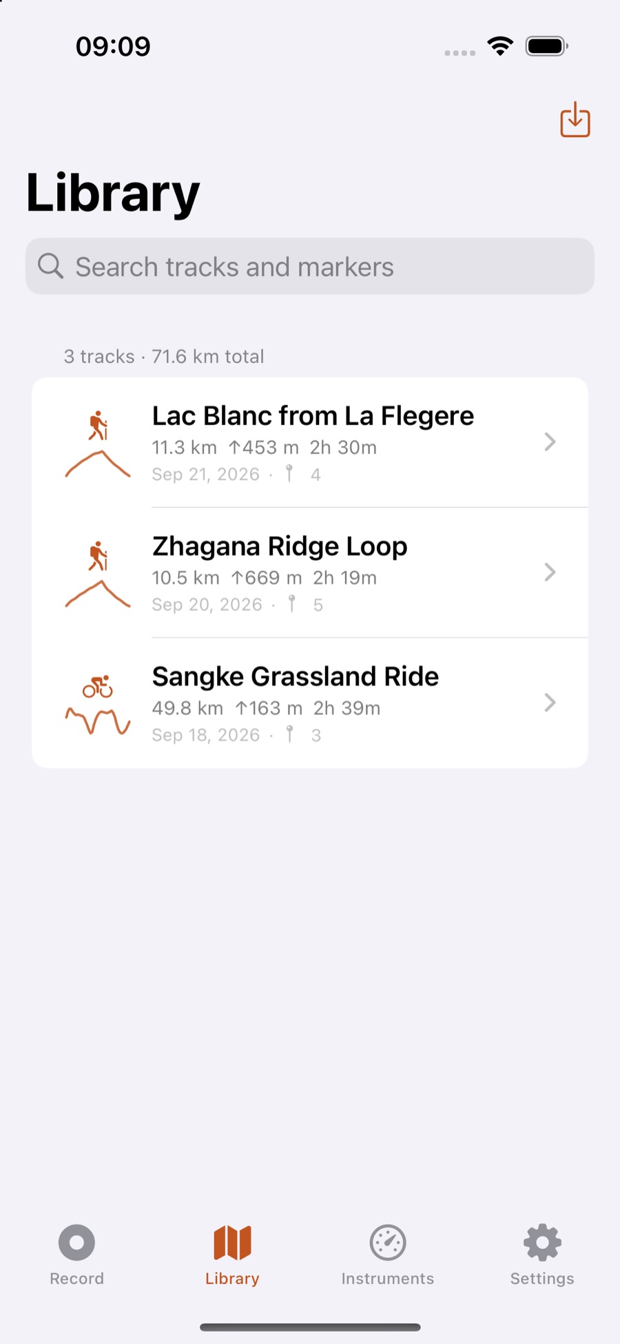 TuTrail library list of saved tracks with search and a total summary